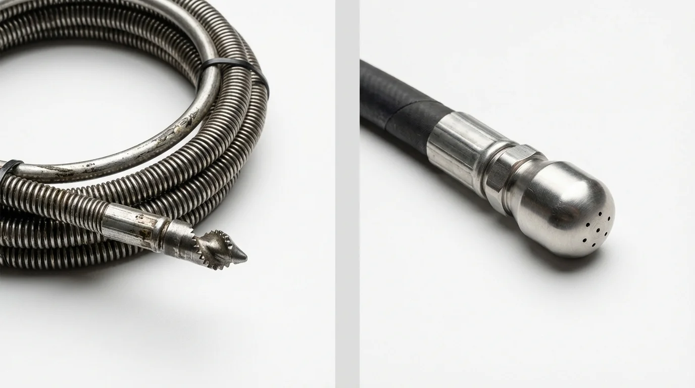 Drain snake cable and hydro jetting nozzle used for drain cleaning in Toledo, IA