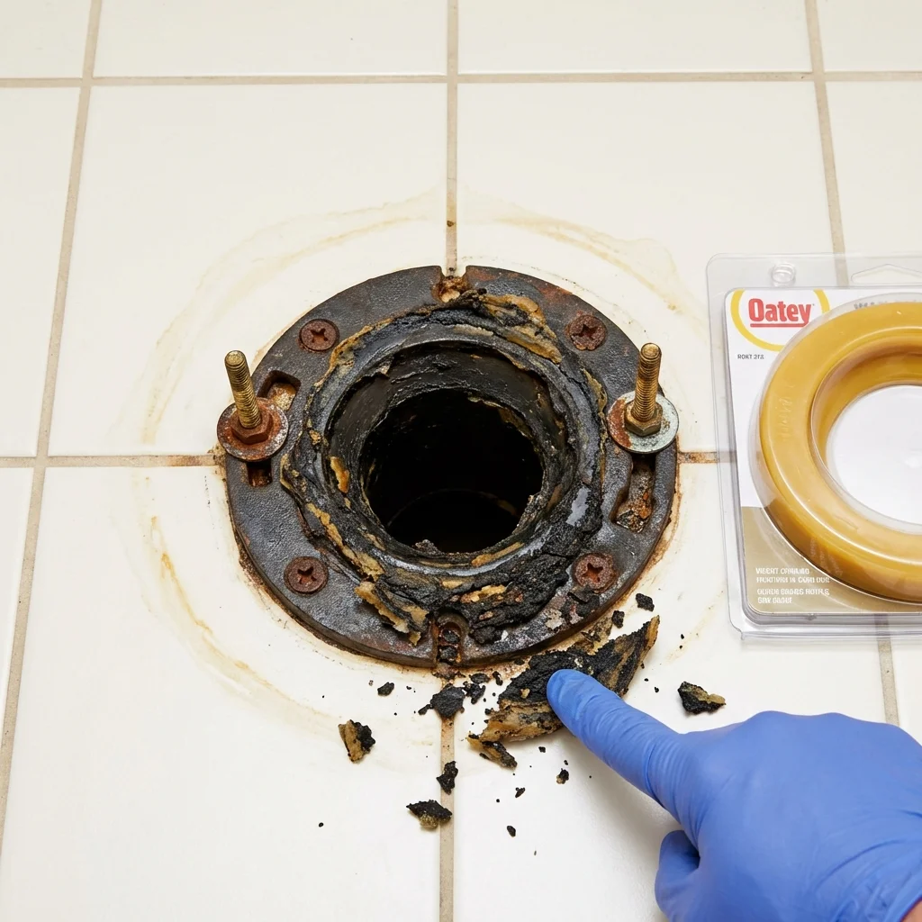 Failed wax ring showing water seepage at the base of a toilet in a Toledo, IA home