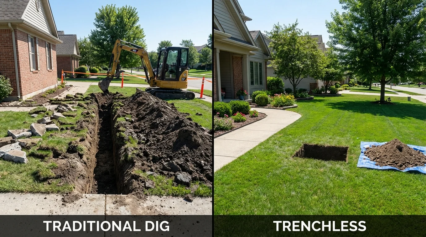 Trenchless sewer repair with minimal yard damage versus traditional excavation in Toledo, IA