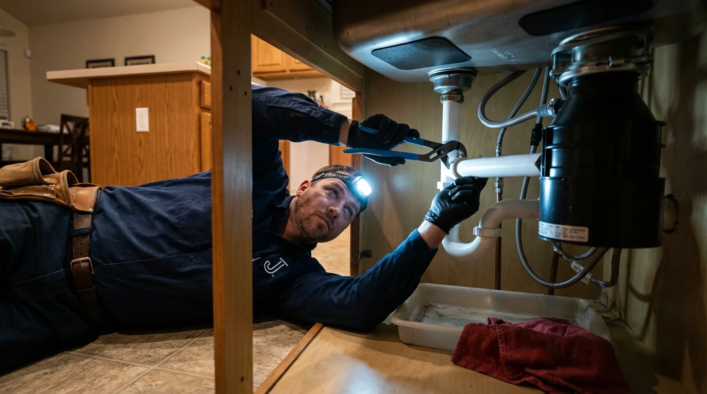 P-trap and supply line connections under a kitchen sink showing a common leak point in Toledo, IA